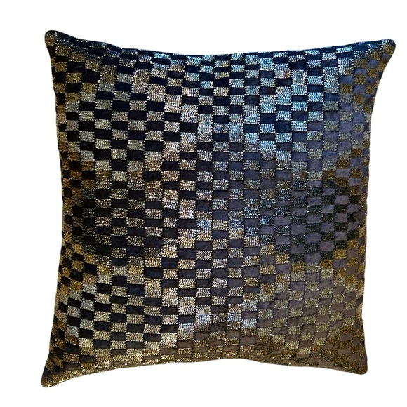 Copy Callisto Beaded Velvet Gray Gold Ombre Geometric Check Diamond pillow 22x22 - Picture 7 of 11